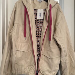 Beige Hooded Jacket with Pink Accents